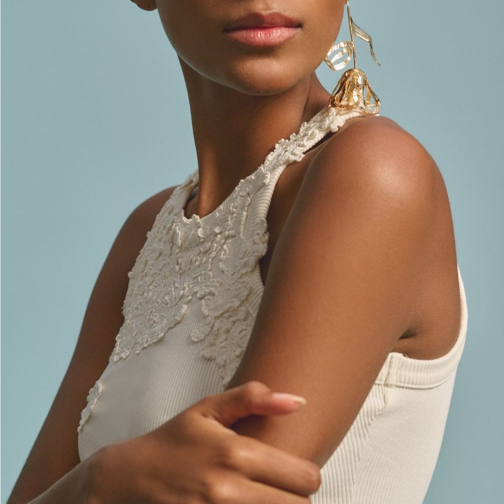 By Anthropologie Ivory The Pippah Lace Appliqué Tank Top Medium - Picture 3 of 10